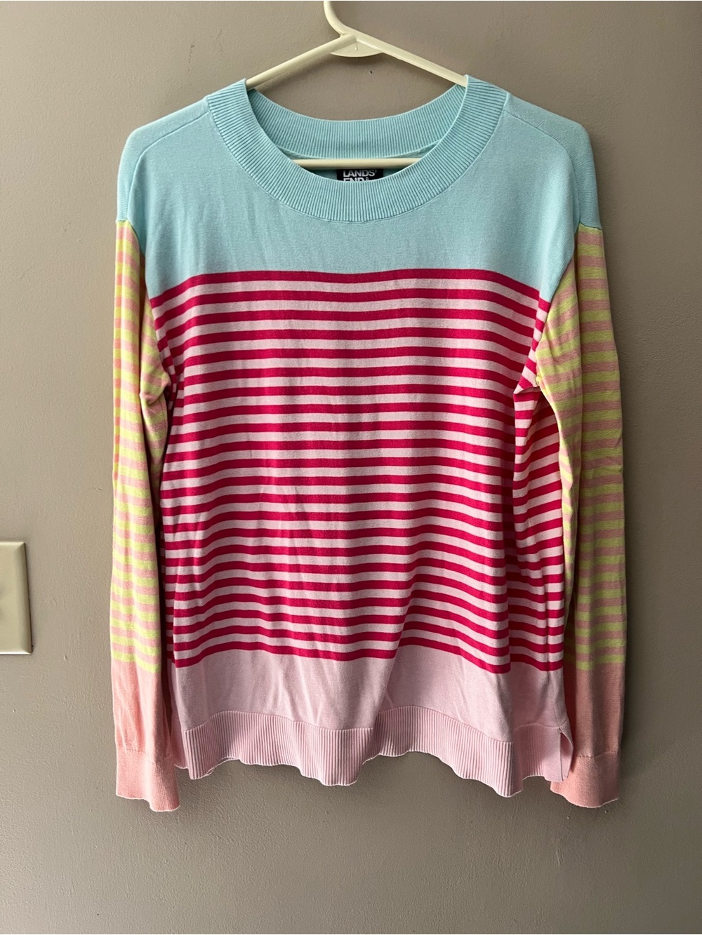 Lands End 💯 cotton pastel striped pullover lightweight long sleeve sweater.